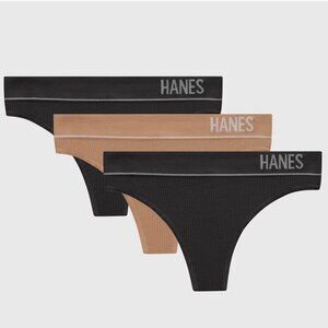 Women's Hanes Originals 3pk Seamless Rib Thong Underwear Panties Black/Beige NWT